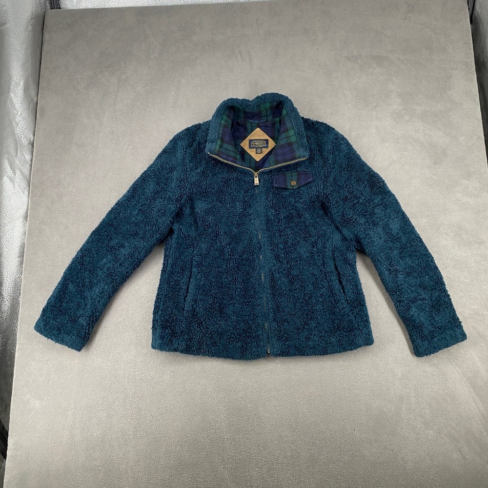 Pendleton Womens‎ Teal Sherpa Fleece Jacket Plaid Trim Full Zip Outdoor Small